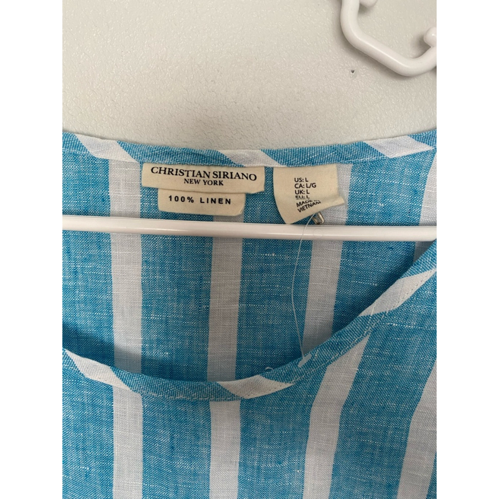 Christian Siriano 100% Linen Blouse Striped Blue Preppy Quiet Luxury Resort Boho - Picture 4 of 5